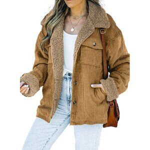 Women's A Brown Jacket Vests Coat Fleece Fur Collar Button Down Winter Warm
